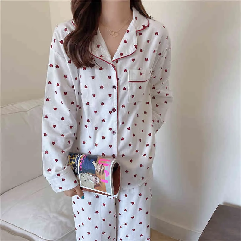 Cuori stampati All Match Donna Sweet Chic Sleepwear Loose Homewear Eleganti ragazze Lady Pigiama Set 210525