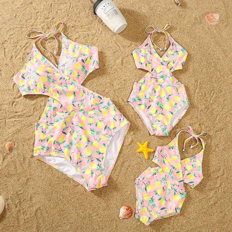 Matching da bagno abbinata mamma figlia limone stampa bikini papà figlio bagno costante da bagno da donna da uomo coppie abiti da bagno ragazzi 210417