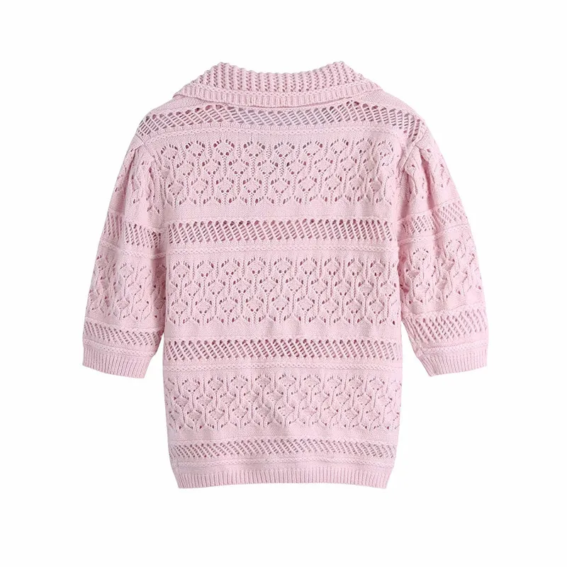 Rosa Pointelle Gestrickte Ernte Top Frauen Sommer Dünne Pullover Mode Kordelzug Ausgeschnittene Kurzarm Damen Tops 210519