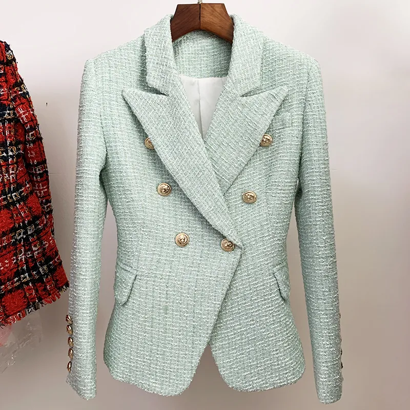 Veste de créateur HIGH STREET pour femme, blazer classique avec boutons en métal, double boutonnage en tweed, vert menthe