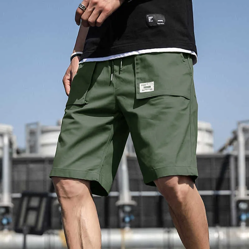 Mens Shorts Summer Cargo Fashion Knee Length Drawstring Men Cotton Khaki Work Bermudas Masculina Plus Size 7XL 210712