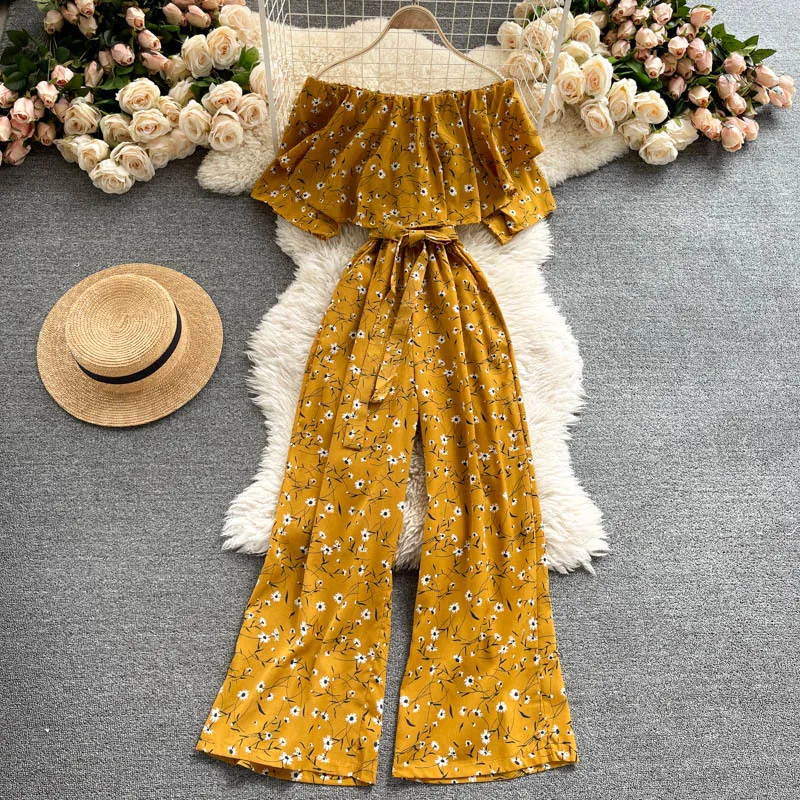 Singreiny Kobiety Francuzi Floral Pajacyki Słodkie Ruffles Slash Neck Krótki Rękaw Pasek Justy Lato Boho Drukuj Szerokiej Nogi Pajacyki 210419