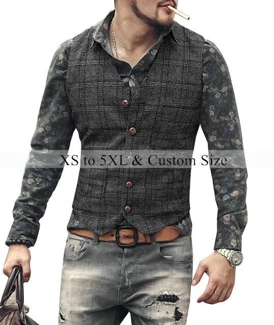 Gilets de costume pour hommes marron noir gris gilet style punk blazer gilet homme plaid steampunk veste rayé tweed col en v coupe slim veste de mariage vêtements