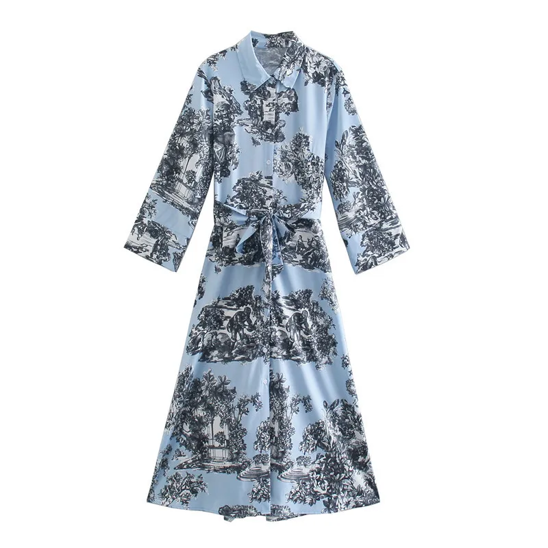 Fashion Floral Print Midi Shirt Dress Women Summer Lapel Long Sleeve Sashes Female Dresses Vestido Feminino 210430