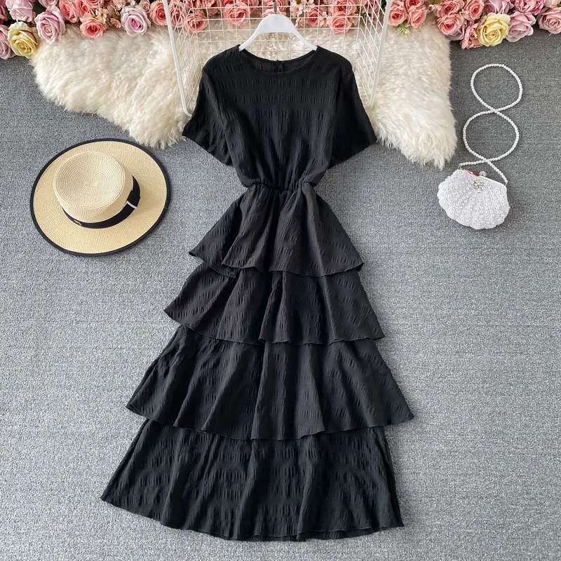 Sommer Chiffon Rüschen Vintage Kleid für Damen Süße elegante Kuchen Kurzarm Feste Hohe Taille Lange Vestidos 210420