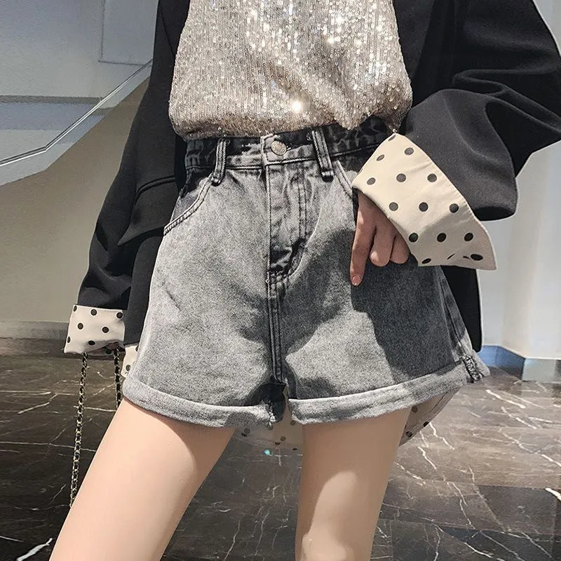 Été taille haute Denim Shorts femmes décontracté dames en vrac mode retrousser ourlet taille élastique poche bleu gris jean femme