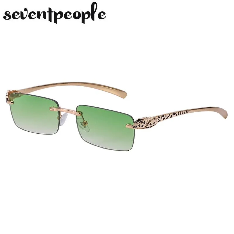 Solglasögon Rimless Rectangle Women Frameless Square Sun Glasögon för män unika leopardtempel Eyewear266g