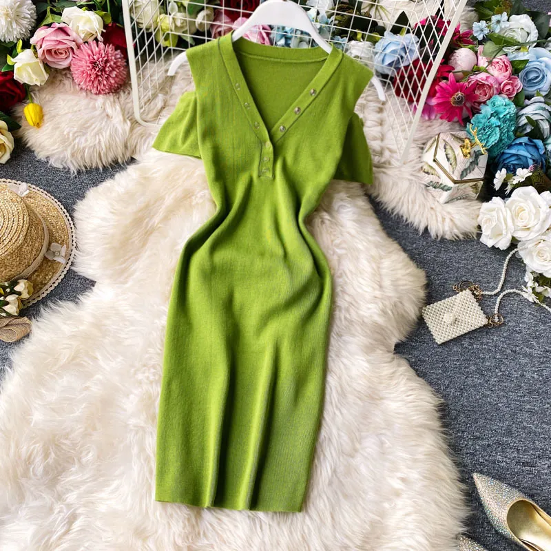 Korobov Sexy Tiefem V-ausschnitt Frauen Kleid Sommer Neue Elegante Dünne Gestrickte Kleider Off Schulter Koreanische Taste Vintage Vestidos 210430