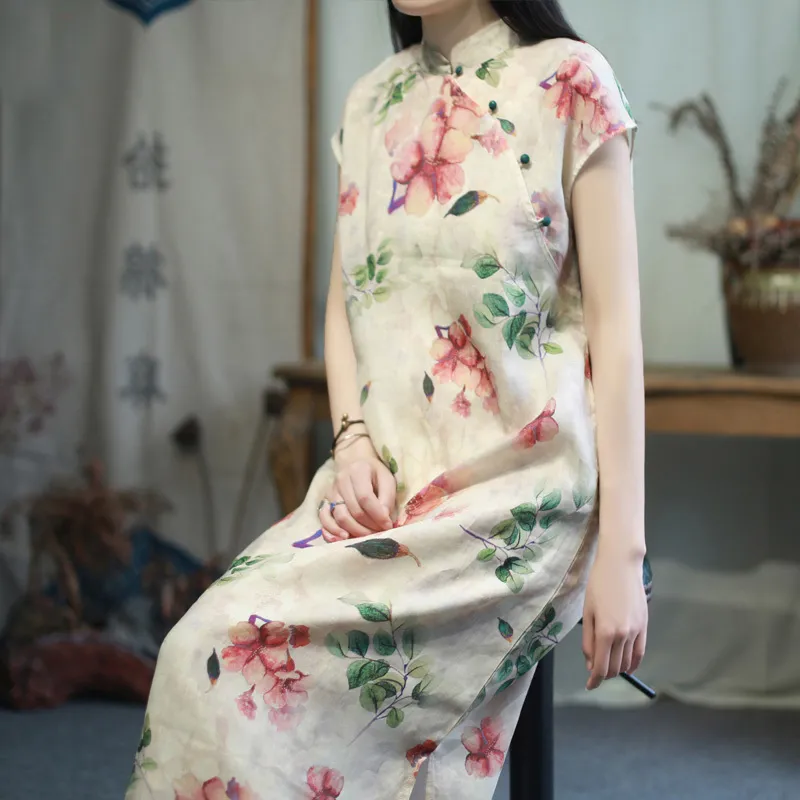 Johnature Women Vintage Ramie Dresses Stand Short Sleeve Print Floral Cheongsam Summer High Quality A-Line Female Dress 210521