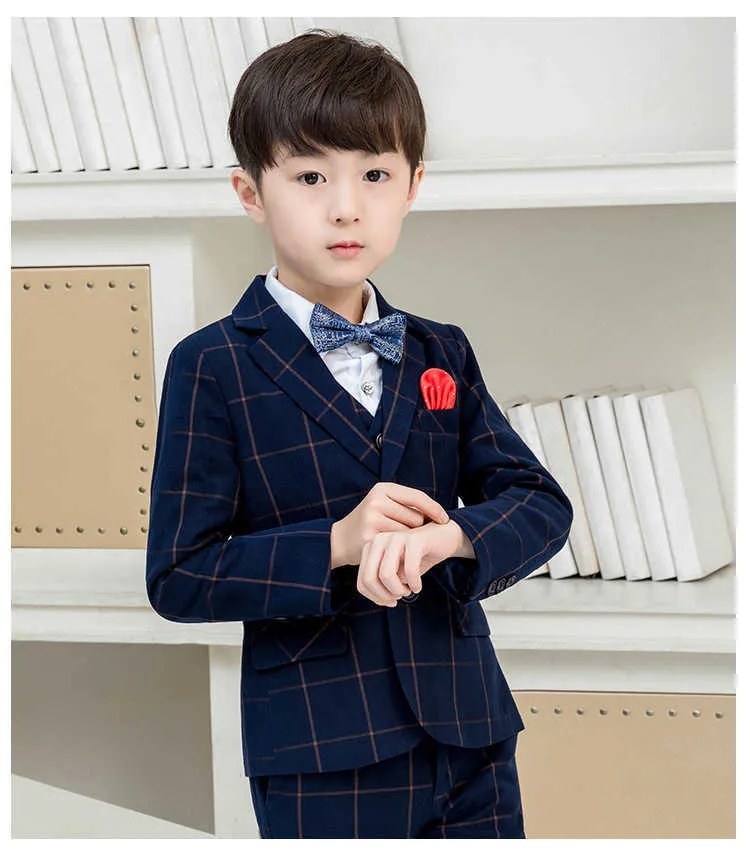 Abiti da ragazzo scozzesi in tweed blu navy Abiti da 3 pezzi Set da bambino Prom Abito da sposa Blazer Oversize Bambini Giacca da smoking formale Pantaloni Gilet X0909