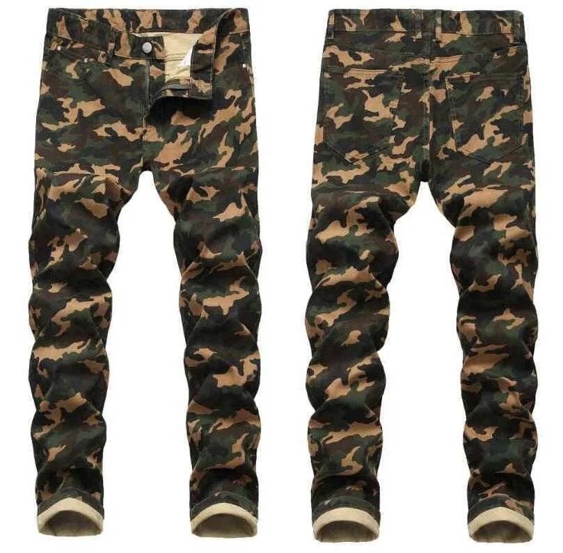 Men's Camouflage Printing Jeans Straight Denim Pants Slim Men Jeans Slim Fit Stretch Camo Denim Pants X0621