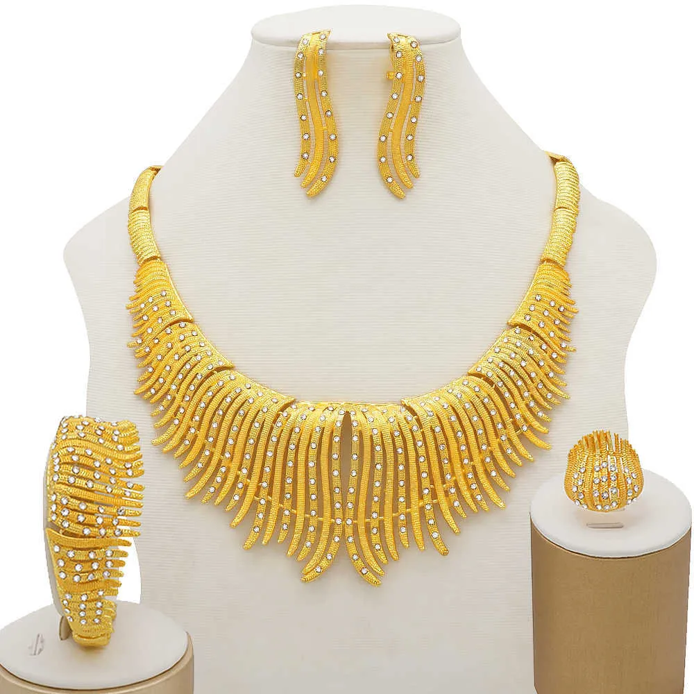 Ensembles de bijoux de couleur or 24 carats pour femmes, collier de luxe, boucles d'oreilles, Bracelet, ensemble de bagues, cadeaux fins de mariage indien et africain 2107206223498