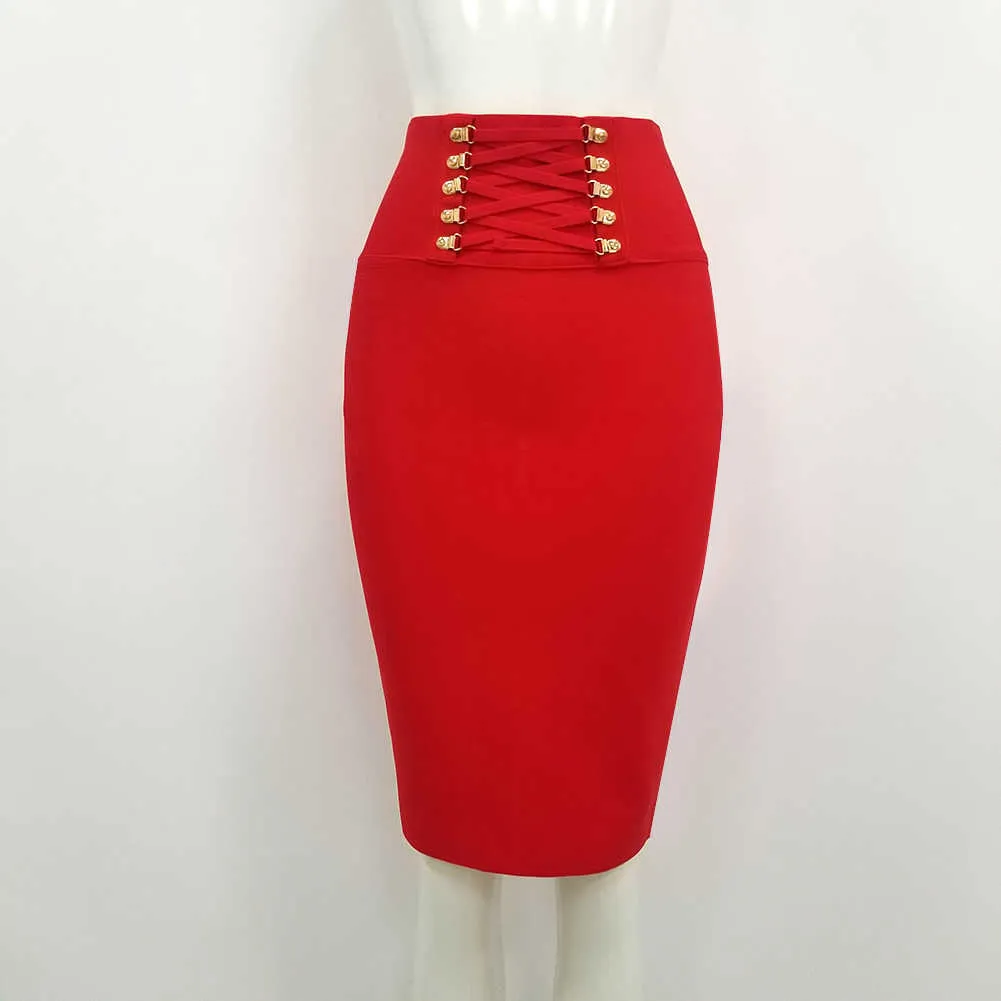 女性の夏のファッションセクシーな黒赤ホワイトボタン包帯スカート女性ヴェスドス弾性甘い鉛筆210708