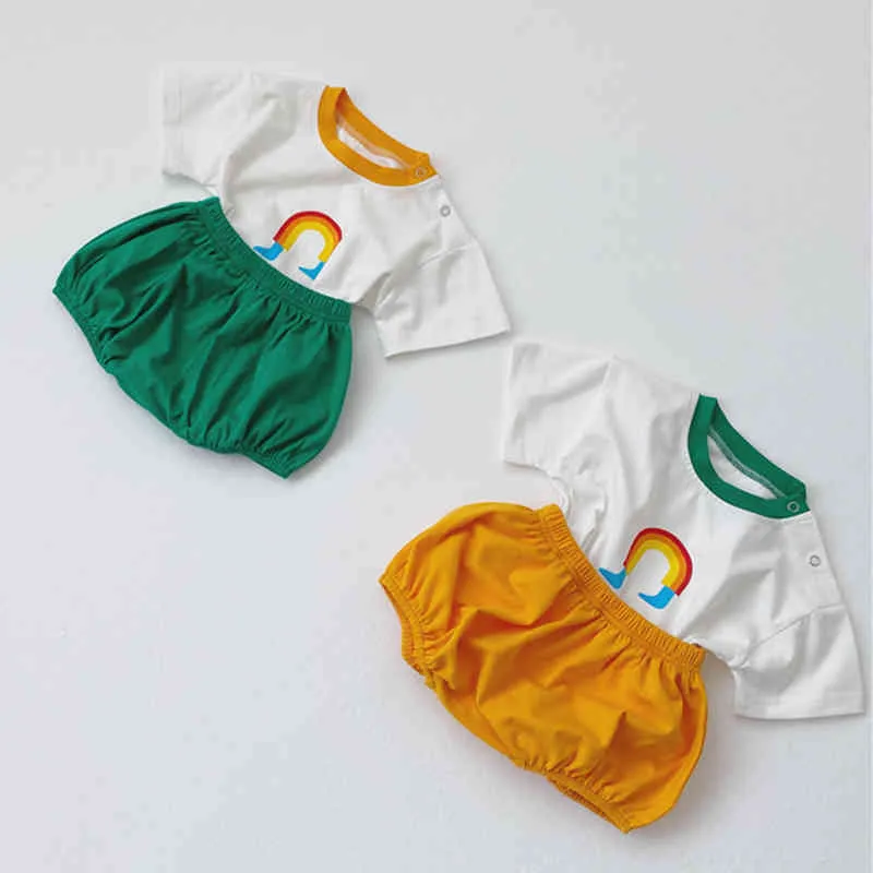 Camiseta de manga corta de arco iris + Pantalones cortos de pedo Ropa de bebé de color de éxito Traje de dos piezas Mameluco de verano nacido 210515