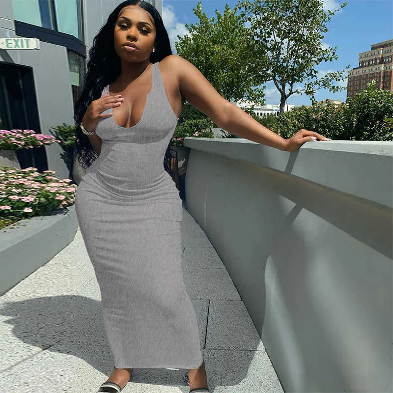 Ribbed Knitted Stripe Women Sleeveless Midi Dress V Neck Bodycon Sexy Streetwear Party Club Elegant Spring Summer 210604