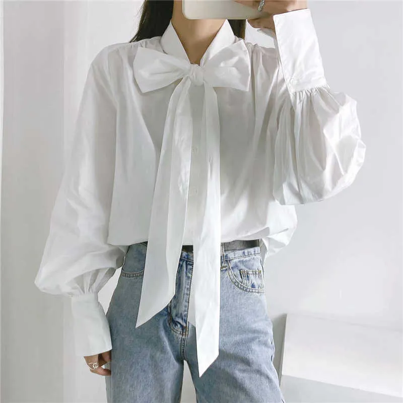 Elegant Women Solid Big Bow Shirts Fashion Ladies White Cotton Loose Tops Streetwear Female Chic Puff Sleeve Blouses 210527