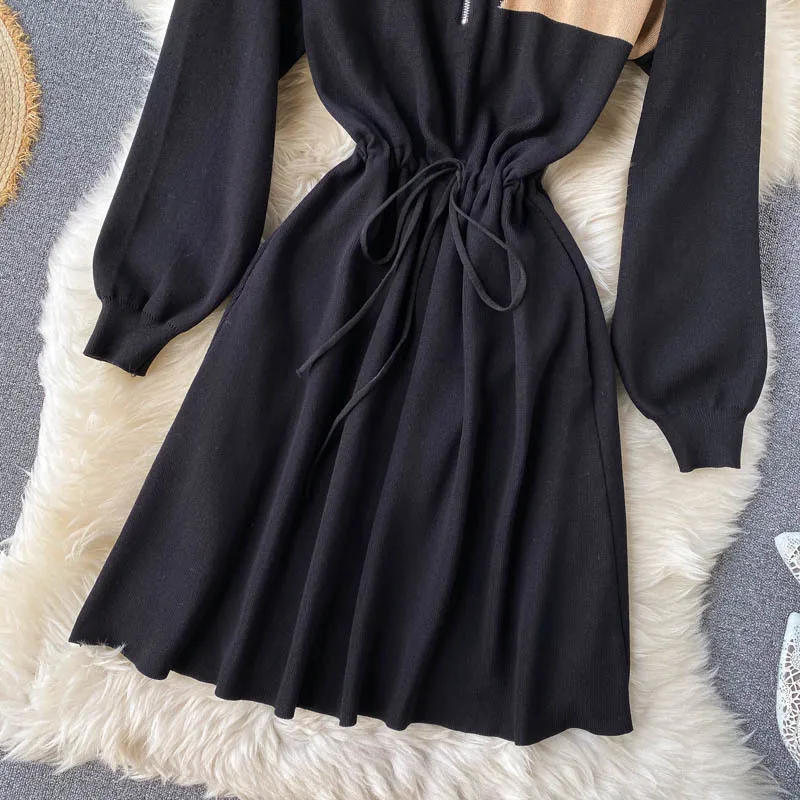 Design Zipper Robe tricotée Automne Stand Collier à manches longues Taille élastique A-Line Robe coréenne Mode Streetwear Robe 210419