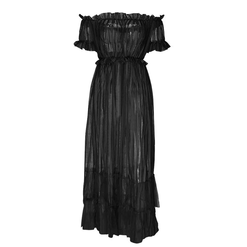 Nachtclubwear sexy dunne lange tule jurk doorzicht door gaas blote schouder perspectief vrouwelijke transparante maxi jurken zwart wit 210416