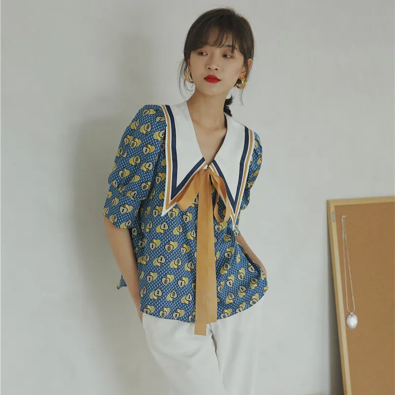 Vintage Bluzka Lato Top Blue Collar Koszula Kobiety Luźne Duży Projektanta Damska krawat Koreański Moda 210427