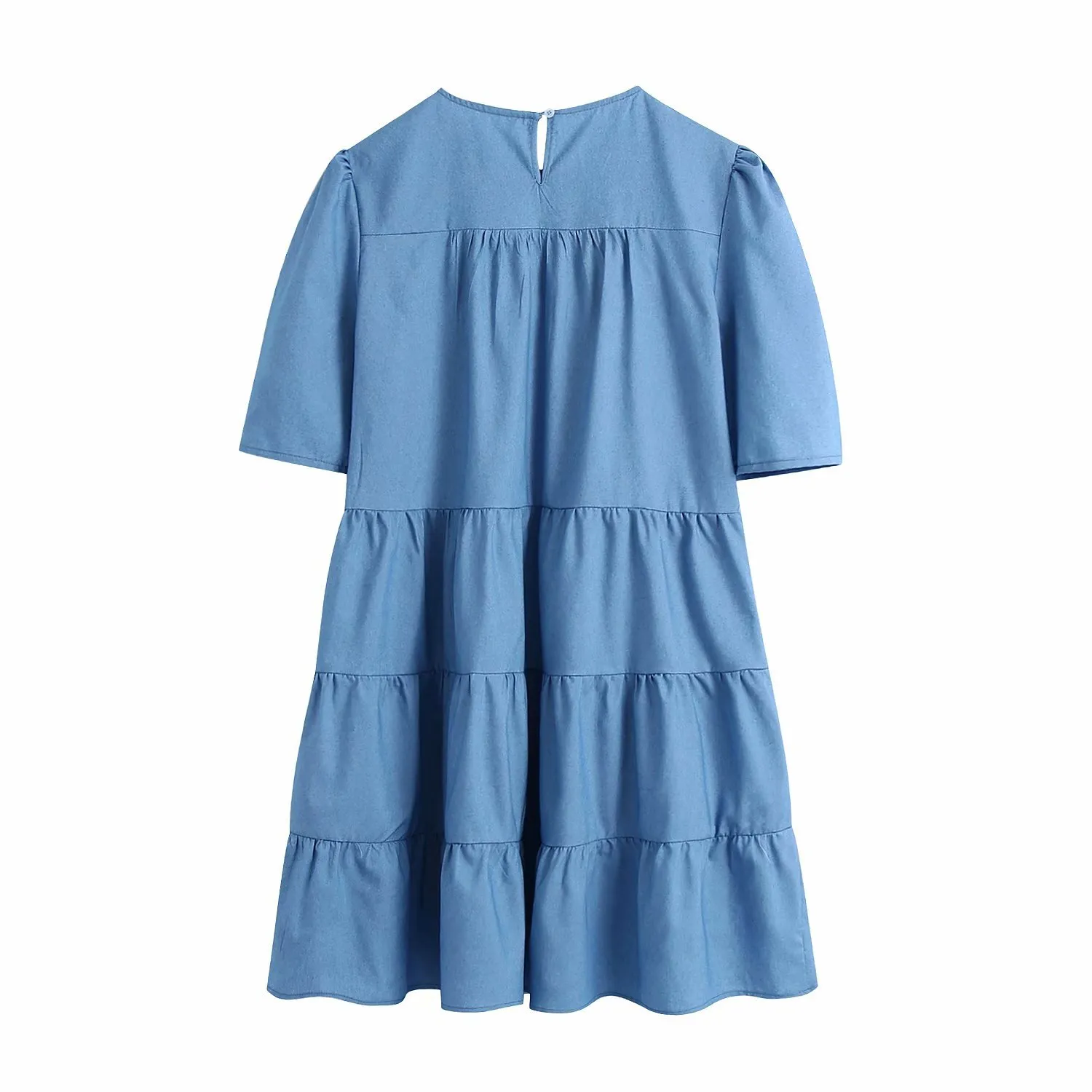 Women Vintage O Neck Solid Pleats Denim Casual Kimono Dress Female Chic Puff Sleeve Retro Straight Vestido DS5067 210420