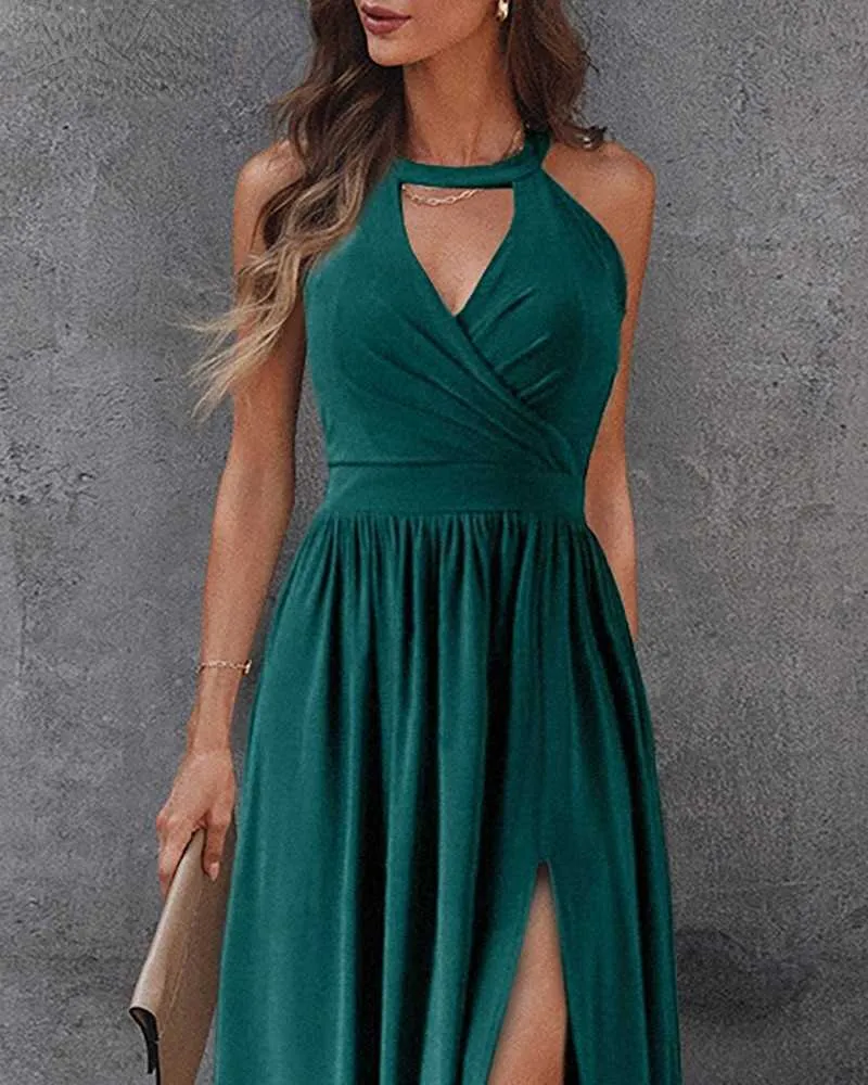 Elegant Sleeveless Front Cut Out Design Side Women Slit Maxi Dress Y1006