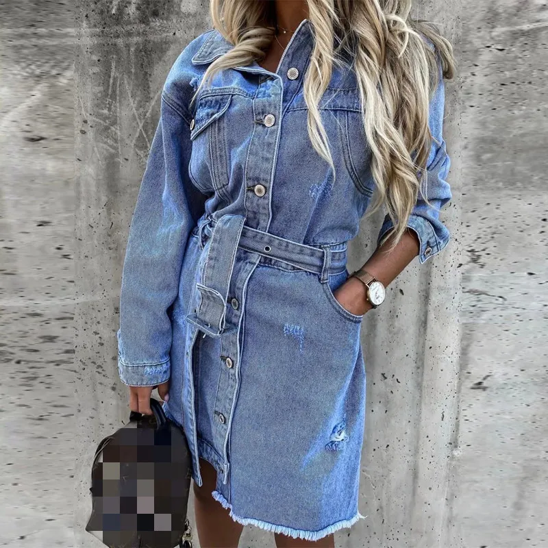 Kvinnor Casual Blue Spring Denim Dress High Street Turndown Collar Långärmad Singelficka Klänning 2021 Mode Vintage Belt Dress X0521