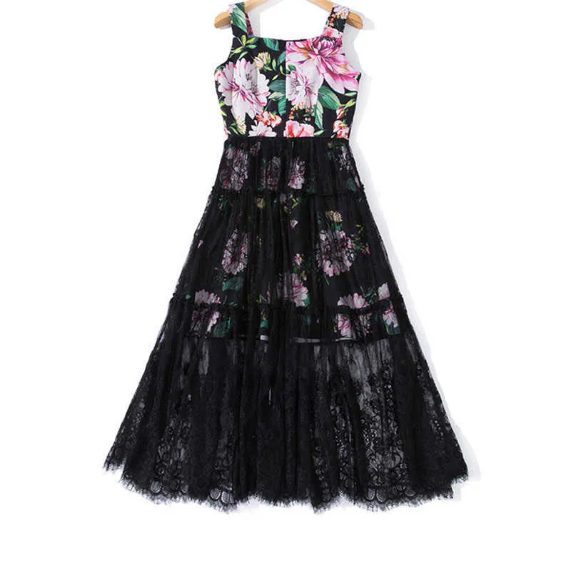 Летняя взлетно-посадочная полоса цветочные печать кружева шить бисером спагетти ремень платья для женщин без спинки праздник Vestidos de Fiesta 210601