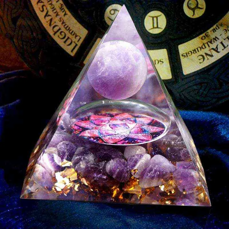 Pirâmide orgonita artesanal, esfera de cristal de ametista de 60mm com pedra natural de cura energética 211101275s