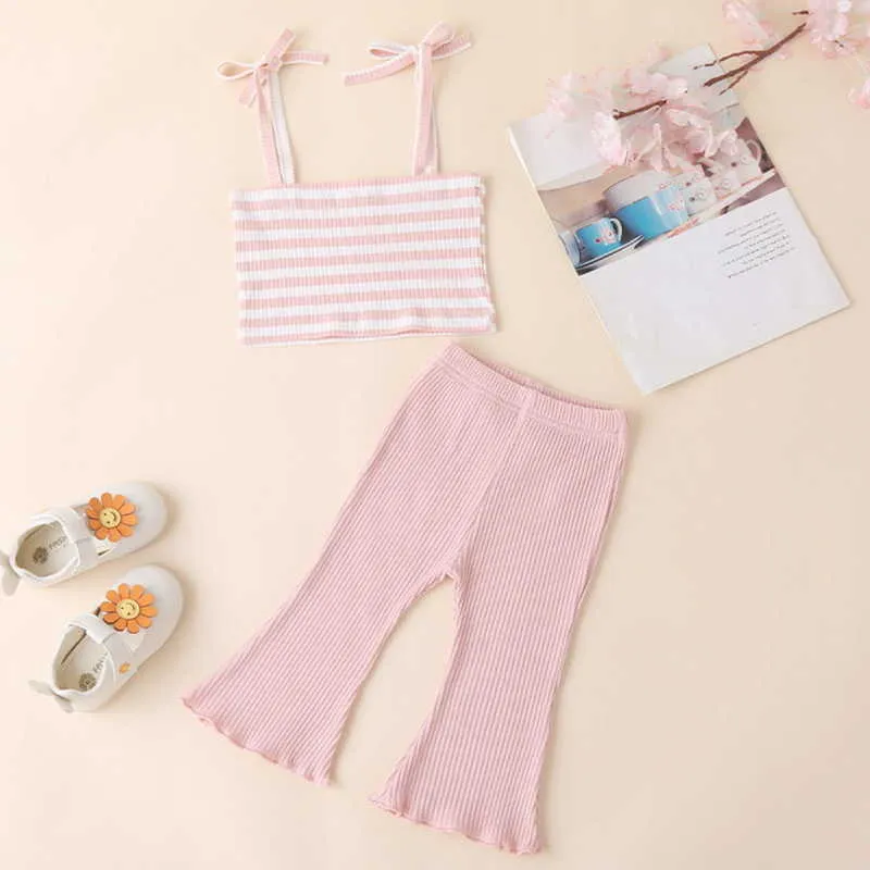 Wholesale Summer Girl 2-pcs Sets Sling Striped Sleeveless Waffle Top + Solid Color Flared Trousers Kids Outfits E002 210610