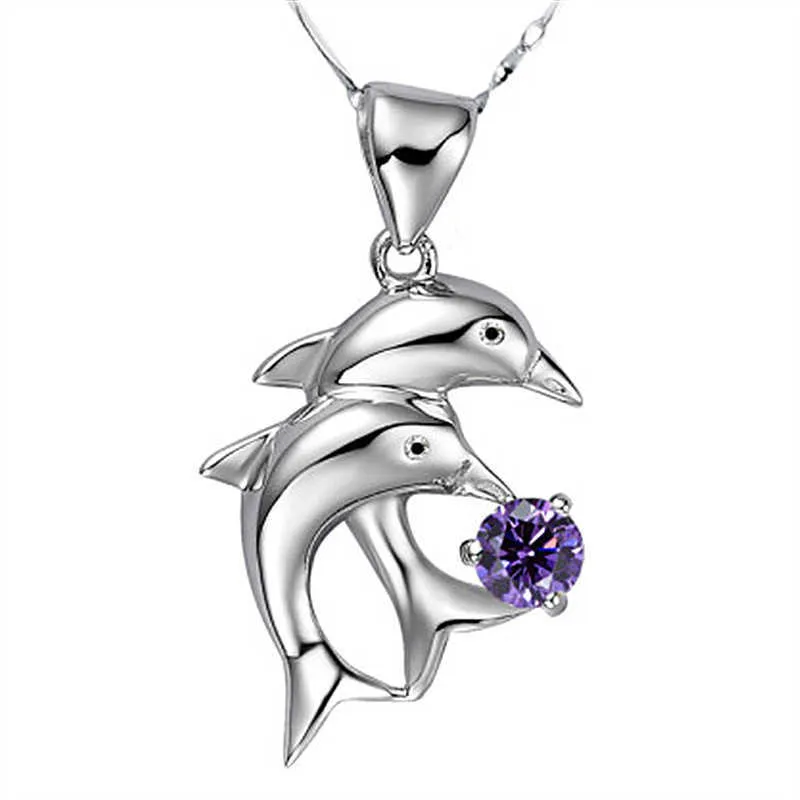 Kristall Damen Halsketten Anhänger Delphin Liebe 925 Damen Doppel Delphin Mode Silberschmuck Weihnachtsgeschenk vergoldet