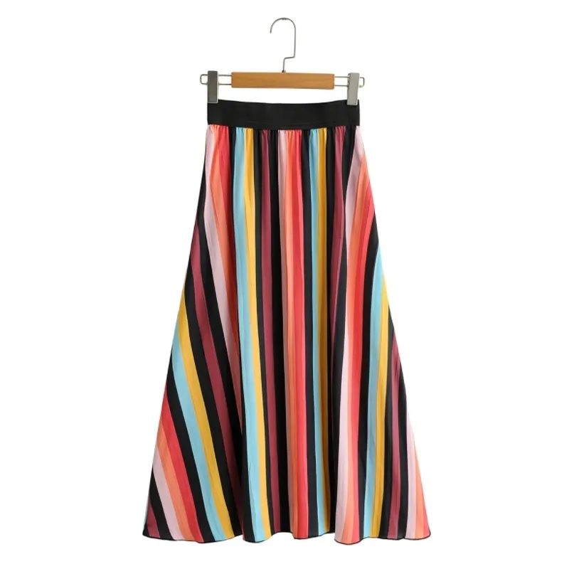 Femmes Couleur Stripe Impression Tissu plissé Midi Jupe Casual Femme Taille élastique Lâche Streetwear Dames P1968 210430