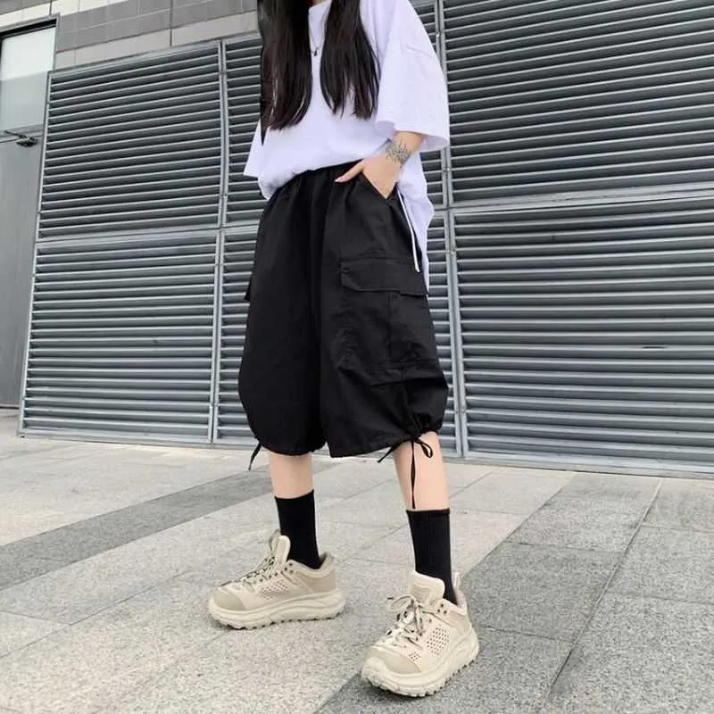 貨物ショーツ女性夏の韓国の学生カジュアルなストレートワイドレッグパンツ緩い汎用5番目の膝の膝のパンクストリート210526
