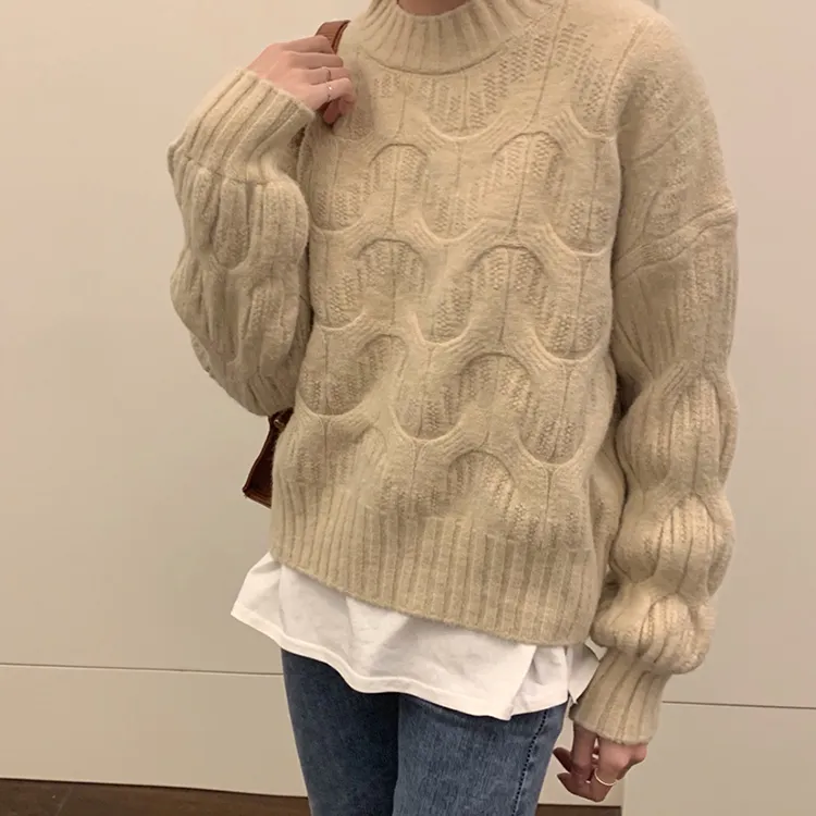 Japansk kort söt och åldersreducerande vintertröja Kvinnor Ny Koreansk stil Turtleneck Round Neck Sweater Långärmad Top 210430