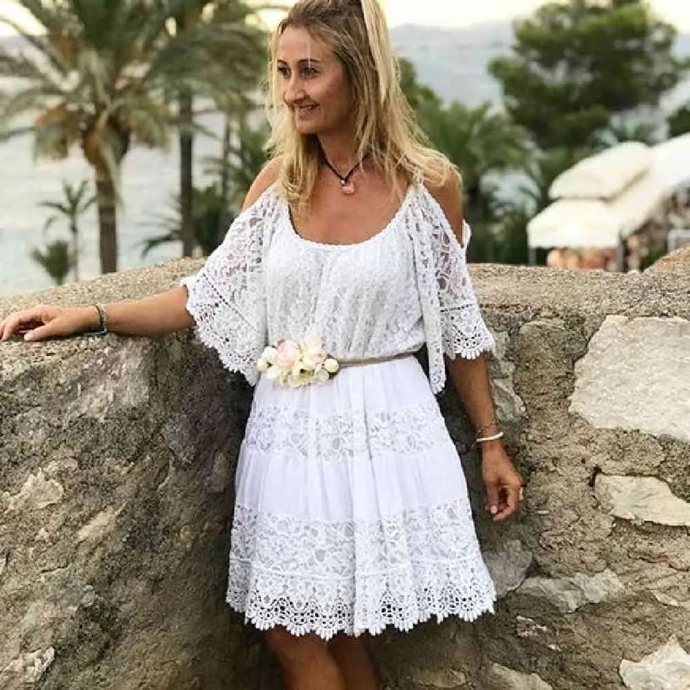 Kadın Moda Beachwear Kapak-UPS Seksi Soğuk Omuz Yaz Plaj Elbise Beyaz Pamuk Tunik Mayo Kapak Sarongs # Q826 210420