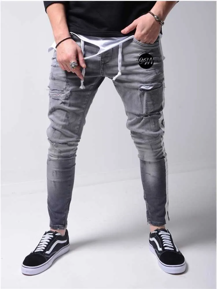 Blue Grey Tight Ripped Jeans Men Slim Foot Zipper Side Stripe Denim Male Stretchy Lace-Up Pencil Pants Street Knee Hole Trousers X0621