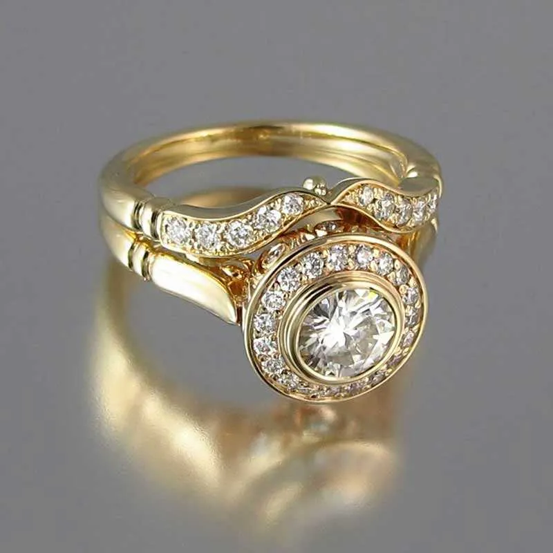 Huitan Golden Color Bridal Ring sätter romantiska förslag Bröllopsringar Foe Kvinnor Trendiga runda steninställningar Hela partier Q07087948017