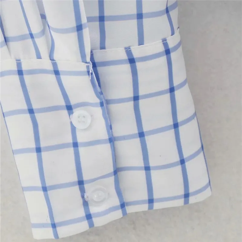 春の青い市松模様のシャツの女性長袖カジュアルボタンアップチェック柄女性のファッション基本的な女性ブラウス210519