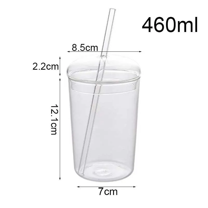 Muggar 460 ml Värmebeständigt glaskopp Transparent kaffemugg med Lidstraw Home Milk Juice Flower TEA TREVEL248G