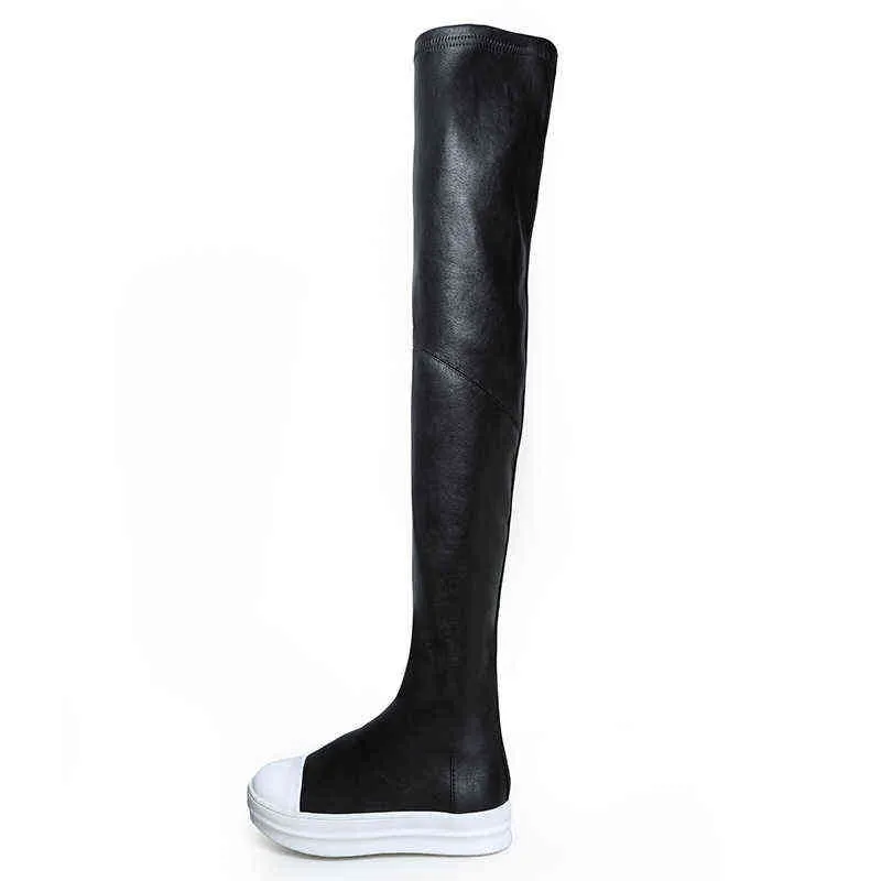 Koovan Frauen Overknee Stiefel Mädchen Chunky Frau Leder Elastische Flache Casual Freizeit Student Schuhe Lange 211217