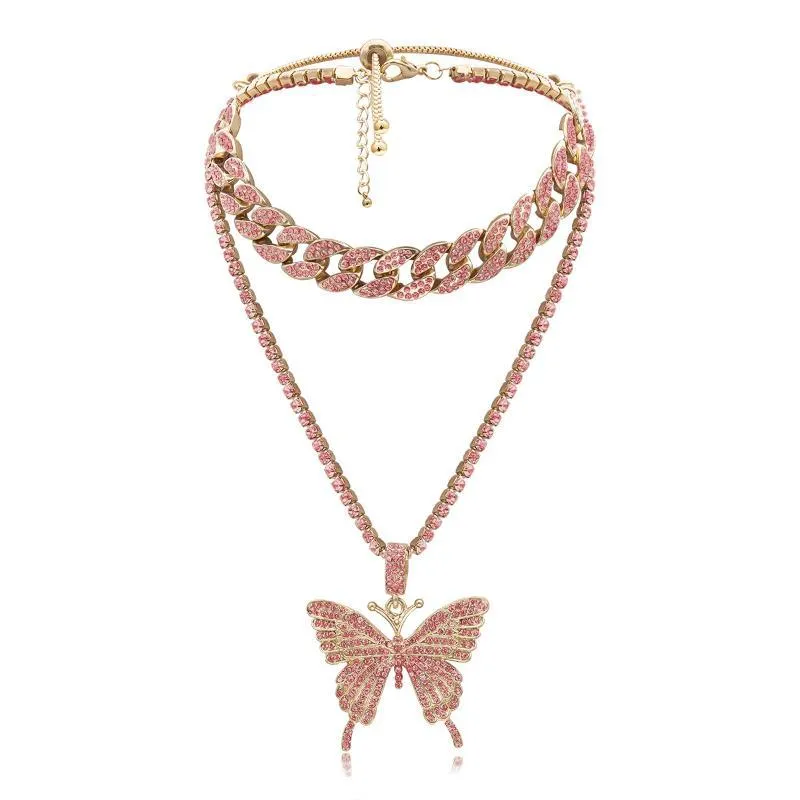Chains Punk Full Zircon Crystal Big Butterfly Pendant Necklace For Women Double-layer Thick Chain Rhinestone Choker Jewelry