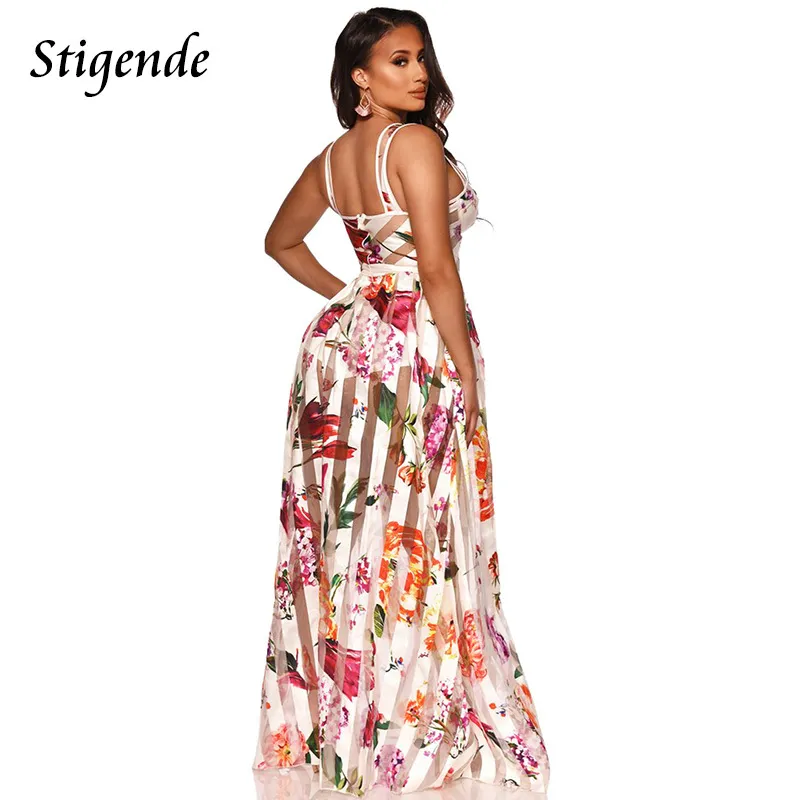 Stigende 여성 꽃 인쇄 패치 워크 메쉬 Maxi 드레스 여름 섹시한 긴 스윙 드레스를 통해 보헤미안 스파게티 스트랩 sundress x0521