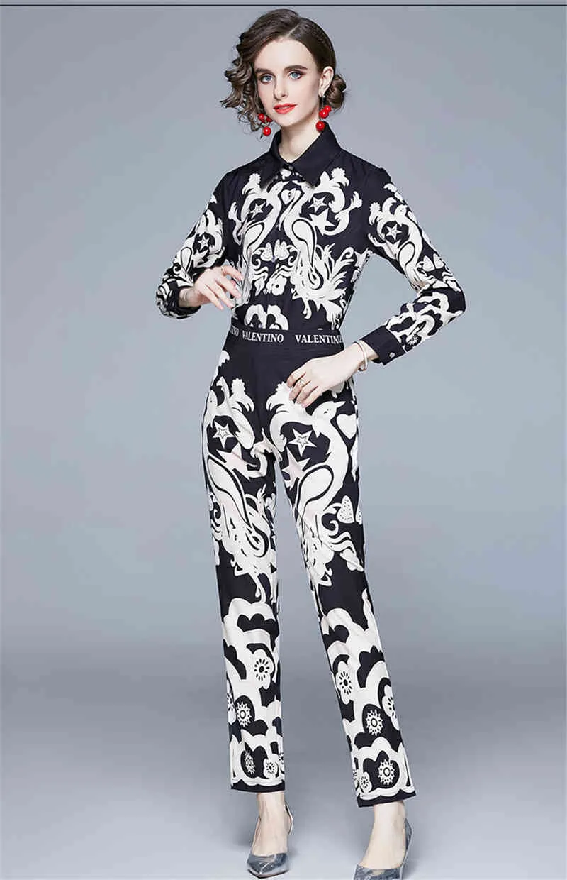 Lente Herfst Fashion Office Lady Runway Broek Pak Sets Women's Long Mouw Print Blouses en Casual Twee Stuks Set 210520