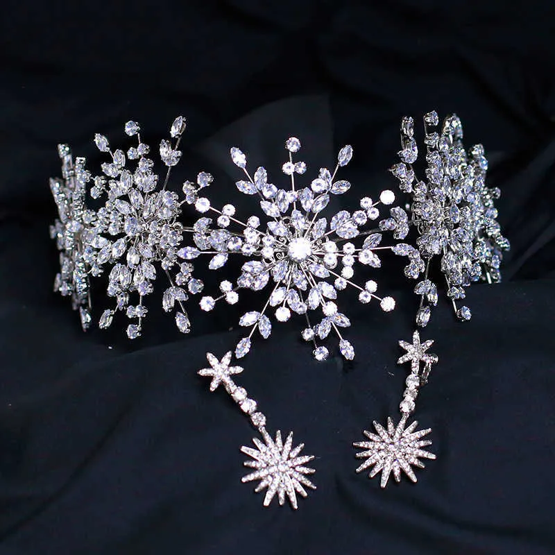 Neve Rainha Luxo Zircão Brilhante Noiva De Casamento Definir Brincos De Cocar Pérola Coroa Coroa Do Coroa Tiara Style Estilo Coreano Fashion H1022