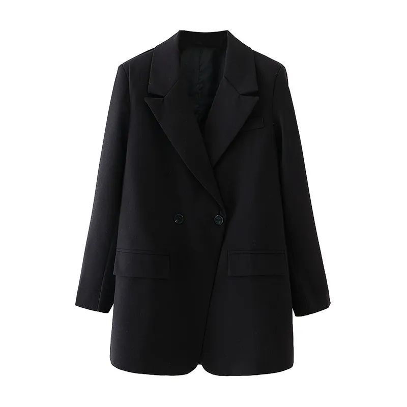 BLSQR Moda Donna Giacca nera Giacca doppio petto Manica lunga Tasca Office Lady Business Cappotto Donna Retro Top 210430
