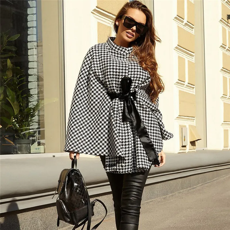 Isarose Kadınlar Houndstooth Tops Moda Yüksek Boyun İpek Kuşaklı Bir Boyutu Kısa Pelerinler Ceket Beyaz Siyah All-Maç Streetwear Pelerinler 210422