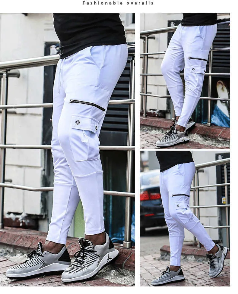 Pantalon décontracté pour hommes Pur coton Cultivez son pantalon de jogging à haute élasticité à la mode Pantalon multi-poches Pantalon de fitness pour hommes Y0811
