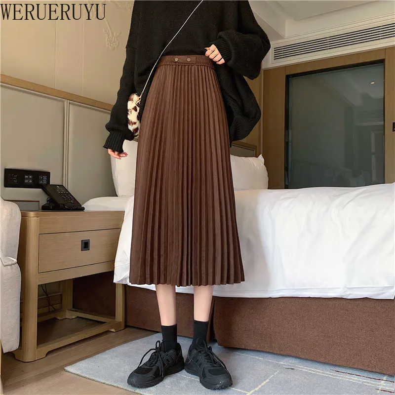 Werueruyu-Leder-plissierter Rock weiblicher Herbst Wintermode Mittellang hohe Taille Retro A-line Regenschirm Frauen Röcke 210608