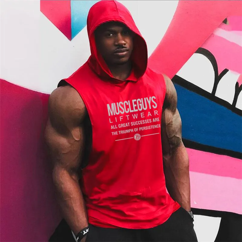 Muscleguys Lightwear Рубашка без рукавов с капюшоном бренд спортивные залы одежда фитнес мужчины бодибилдинга стрингеры танк вершины Singlets 210421