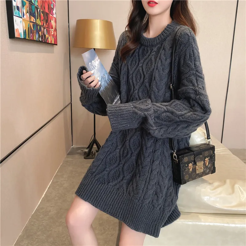 Herfst Winter Dames Trui Koreaanse stijl O-hals Twist Pullovers Gebreide Top Dikke Naald Solid Female Sweaters LL968 210506