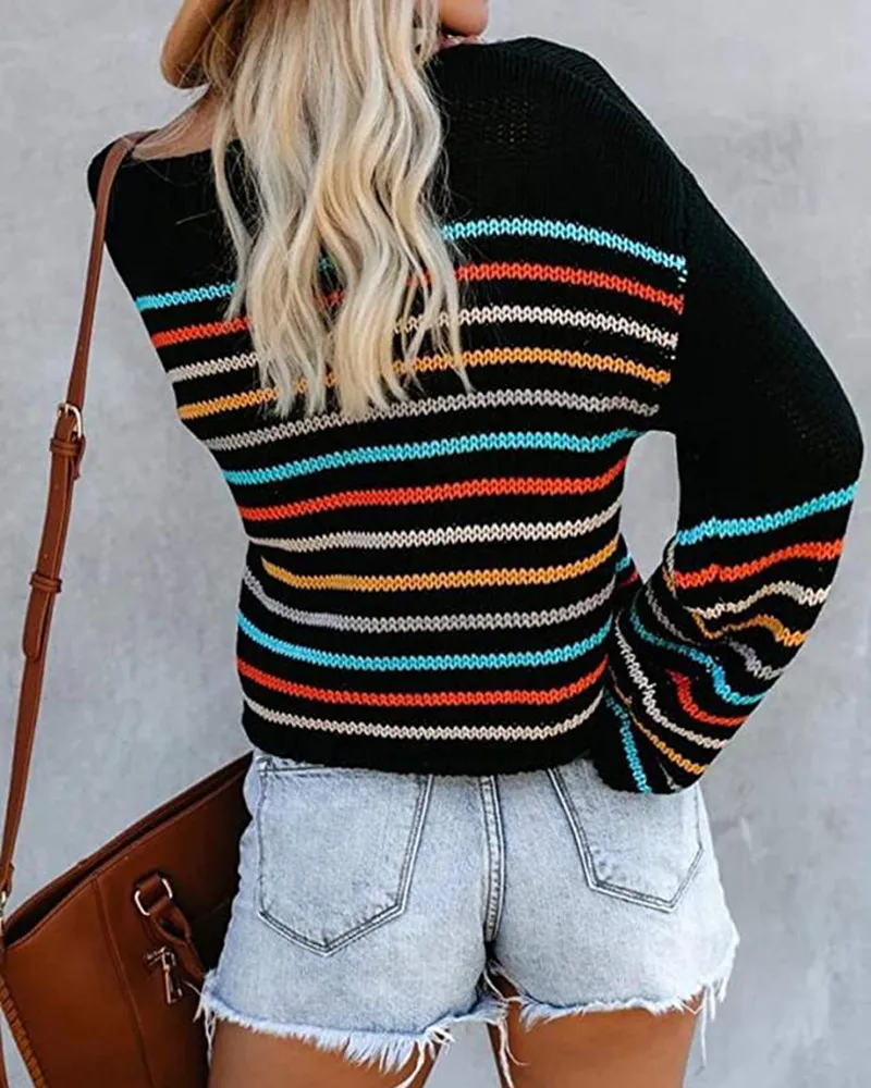 Foridol Oversized Streep Casual Pullovers Vrouwelijke Uit Schouder Herfst Winter Short Sweater Black Streetwear Jumpers 210415